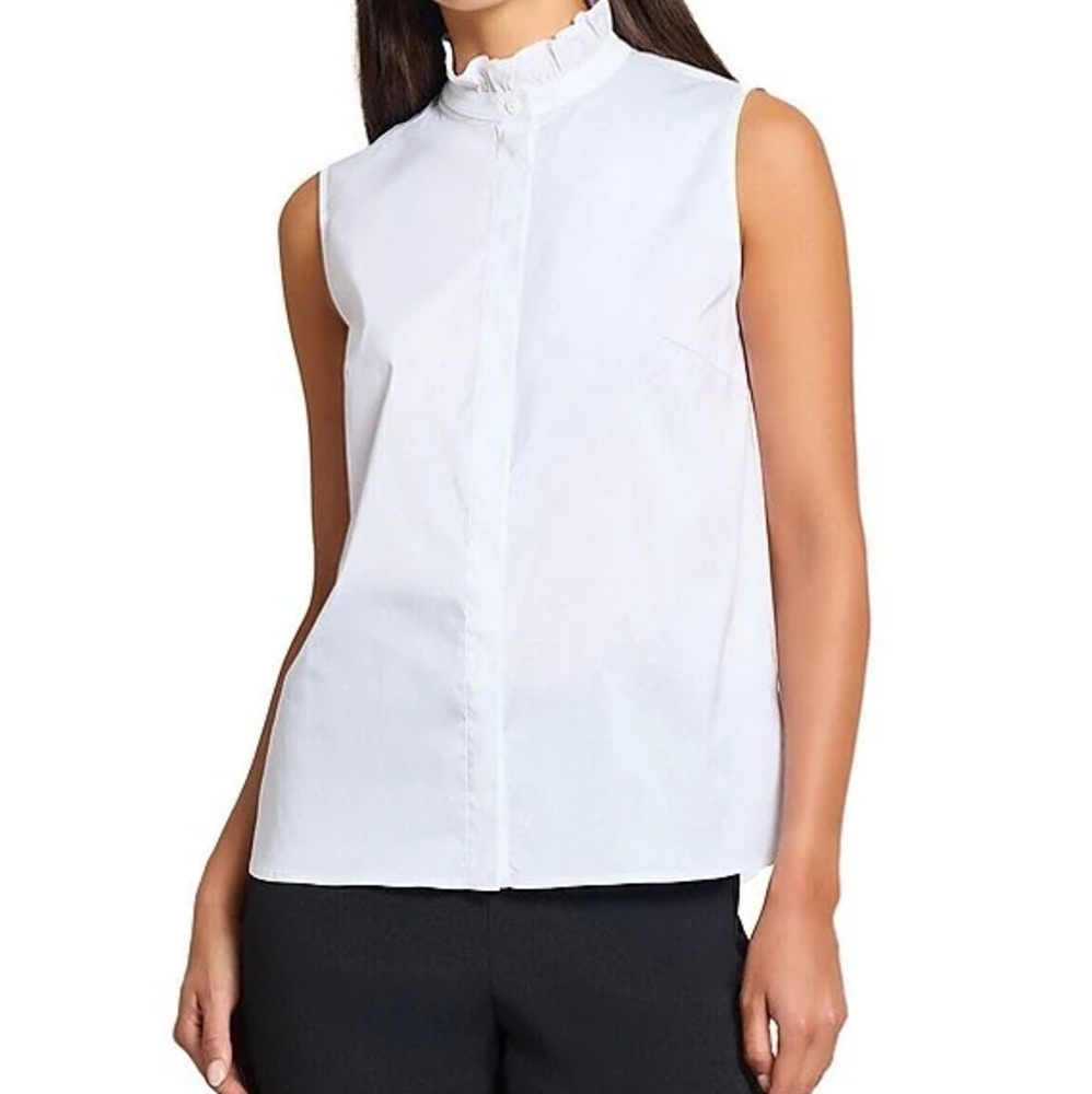 Ming Wang White Sleeveless Ruffle Neck Blouse